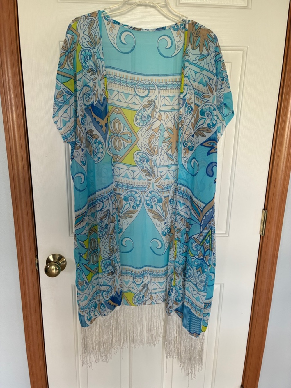 Aqua Paisley Fringe Kimono/Swim Cover-Up Size Small